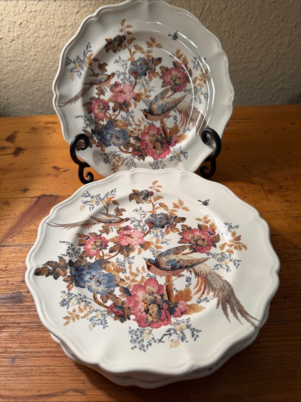 Pottery Piper Floral & Bird Ceramic Salad Plates in Pink, Blue set of 4